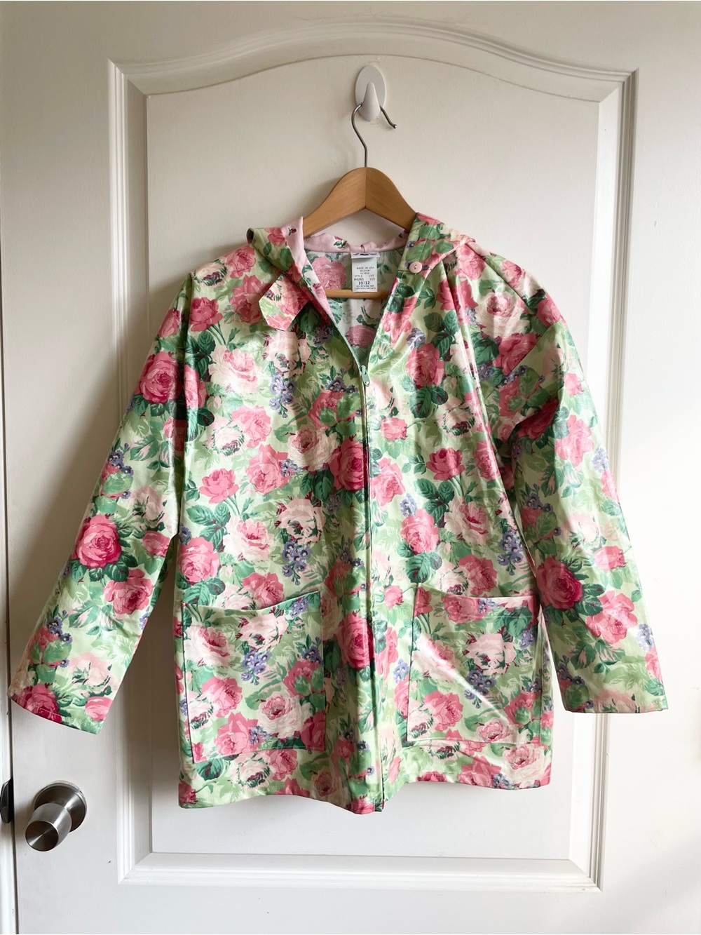 Vintage 90s Kids Style Rose Print Hooded Rain Jacket Girls 10/12 Cotton Lined